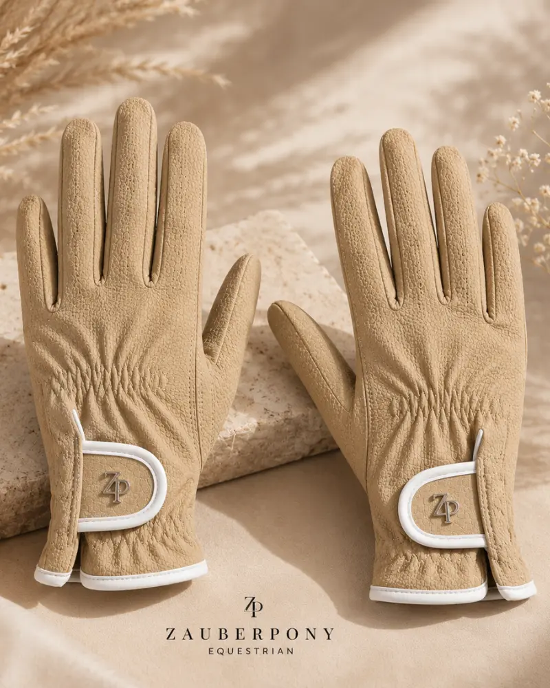 ZP Beige Classic Gloves – elegante Reithandschuhe in Sand mit weißen Details